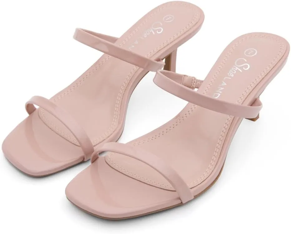 Shoe Land Women's Low Heels | Kitten Heel Sandals for Women | Open Toe Slip-On Slides | Two-Strap Heeled Mules | Dressy Short Heels for Party, Wedding & Vacation