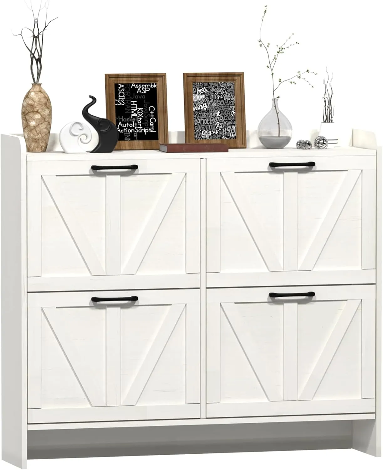 Shoe Storage Cabinet for Entryway, Hidden Shoe Rack Cabinet with 4 Flip Drawers Adjustable Shelf, Farmhouse Freestanding Narrow Shoe Cabinet Organizer, White