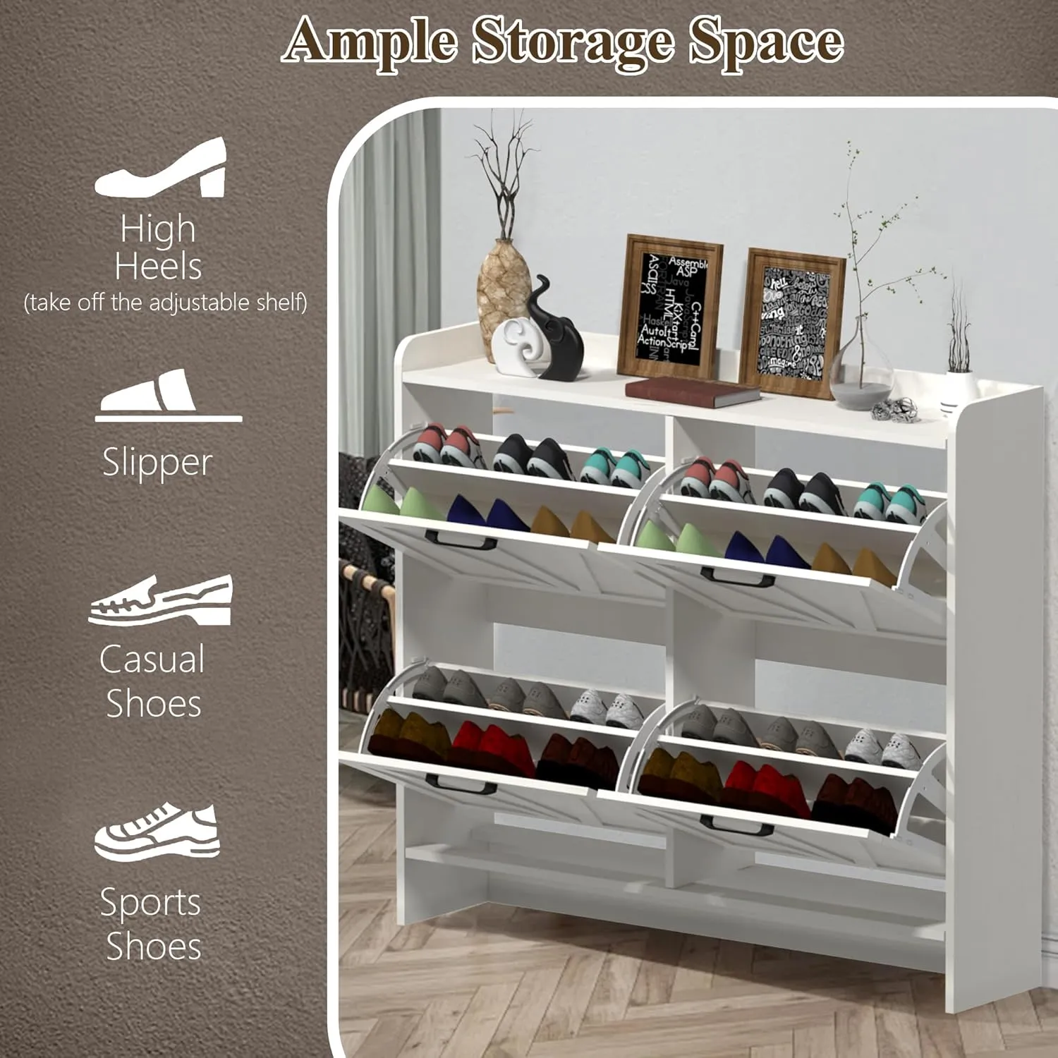 Shoe Storage Cabinet for Entryway, Hidden Shoe Rack Cabinet with 4 Flip Drawers Adjustable Shelf, Farmhouse Freestanding Narrow Shoe Cabinet Organizer, White