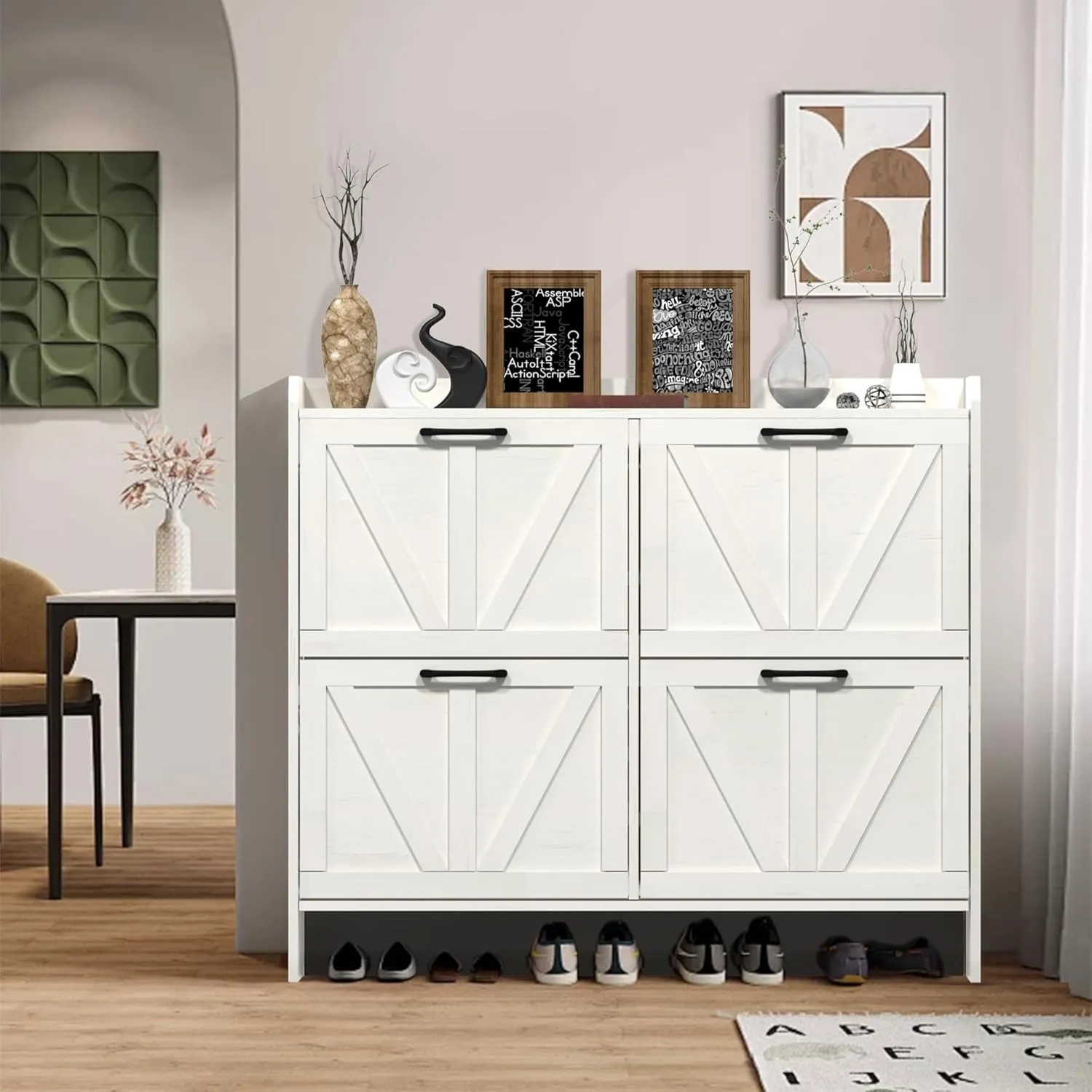 Shoe Storage Cabinet for Entryway, Hidden Shoe Rack Cabinet with 4 Flip Drawers Adjustable Shelf, Farmhouse Freestanding Narrow Shoe Cabinet Organizer, White
