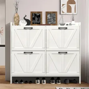 Shoe Storage Cabinet for Entryway, Hidden Shoe Rack Cabinet with 4 Flip Drawers Adjustable Shelf, Farmhouse Freestanding Narrow Shoe Cabinet Organizer, White