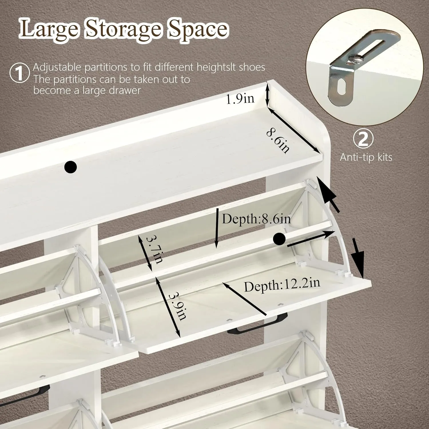 Shoe Storage Cabinet for Entryway, Hidden Shoe Rack Cabinet with 4 Flip Drawers Adjustable Shelf, Farmhouse Freestanding Narrow Shoe Cabinet Organizer, White