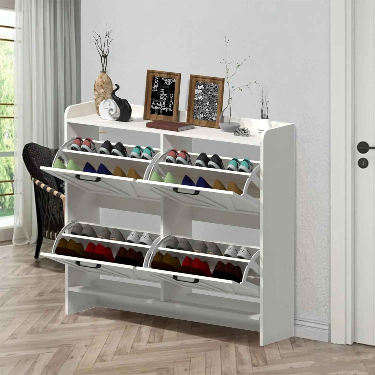 Shoe Storage Cabinet for Entryway, Hidden Shoe Rack Cabinet with 4 Flip Drawers Adjustable Shelf, Farmhouse Freestanding Narrow Shoe Cabinet Organizer, White