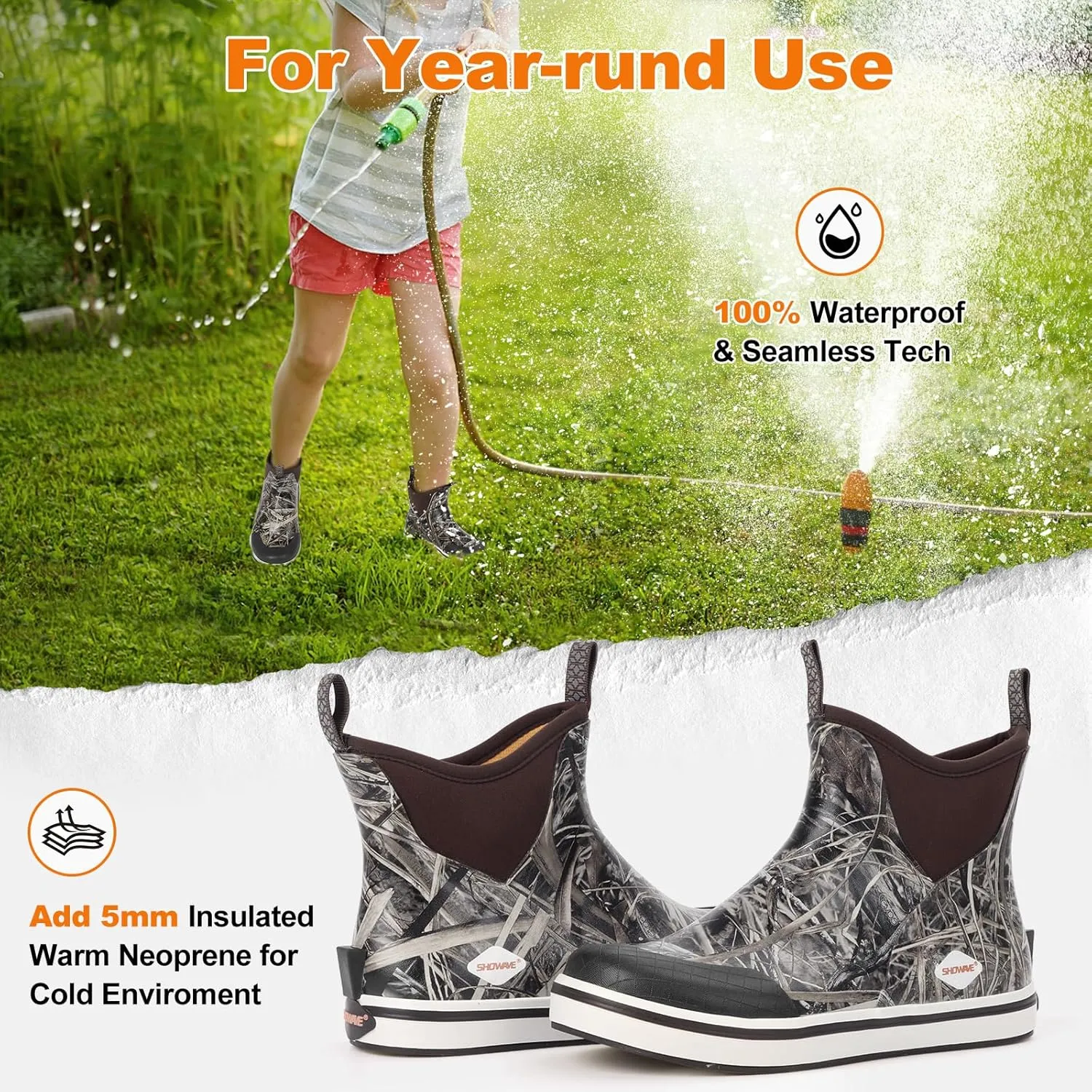 Showave Kid's Deck Boots Waterproof Ankle Rain Boots for Boys Girls Insulated Neoprene Rubber Boots Non-slip Child Rain Shoes