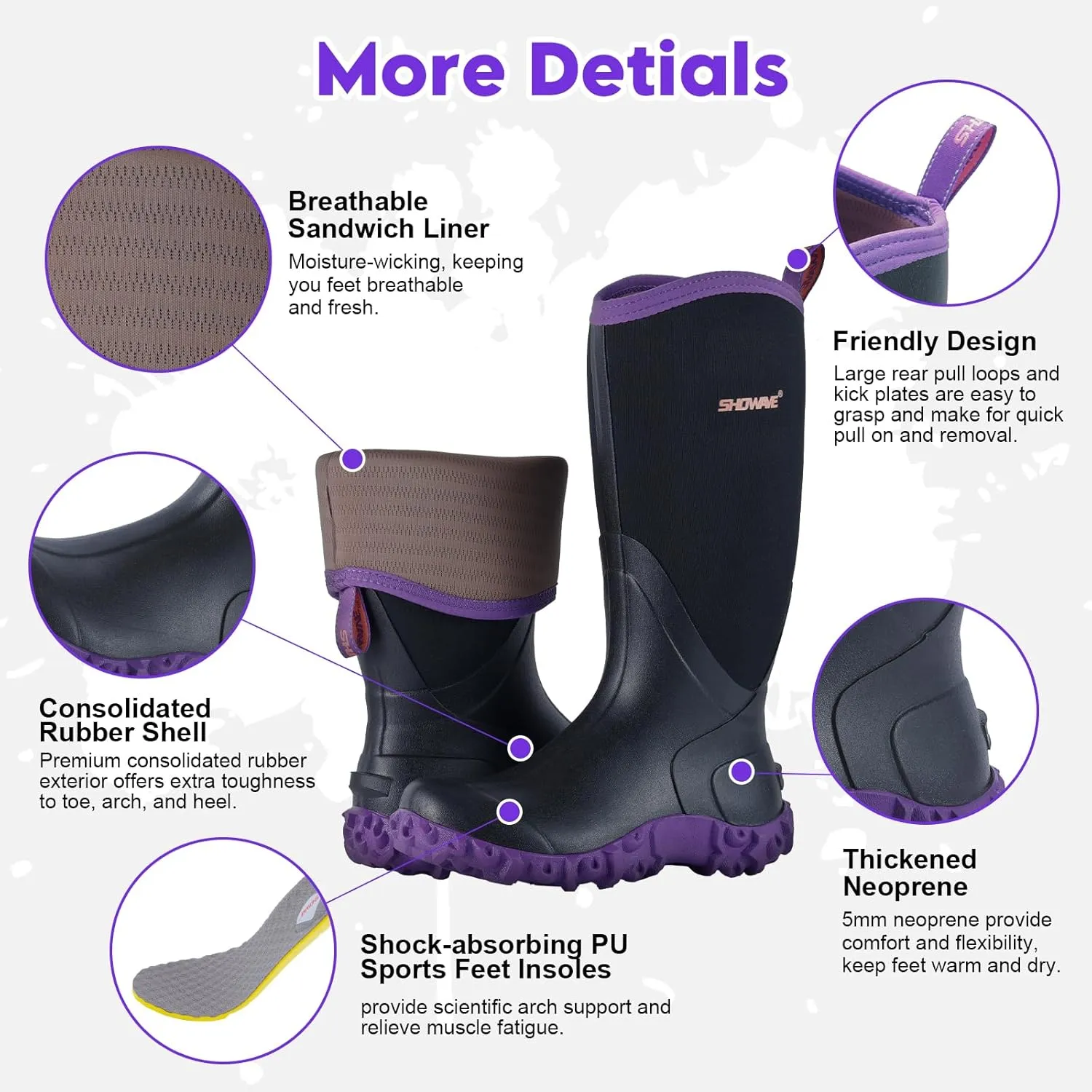 Showave Rain Boots for Women Waterproof Insulated Rubber Neoprene Boot Durable Mud Boots for Farming Raining Gardening Chore Work