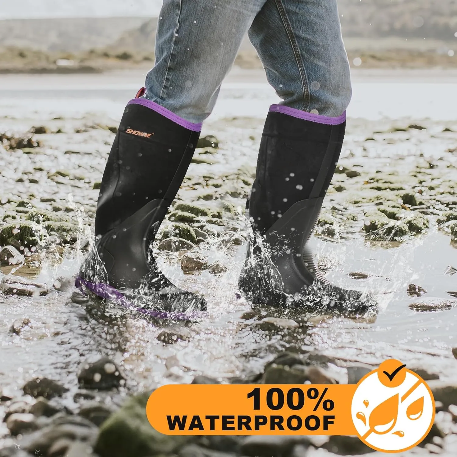 Showave Rain Boots for Women Waterproof Insulated Rubber Neoprene Boot Durable Mud Boots for Farming Raining Gardening Chore Work