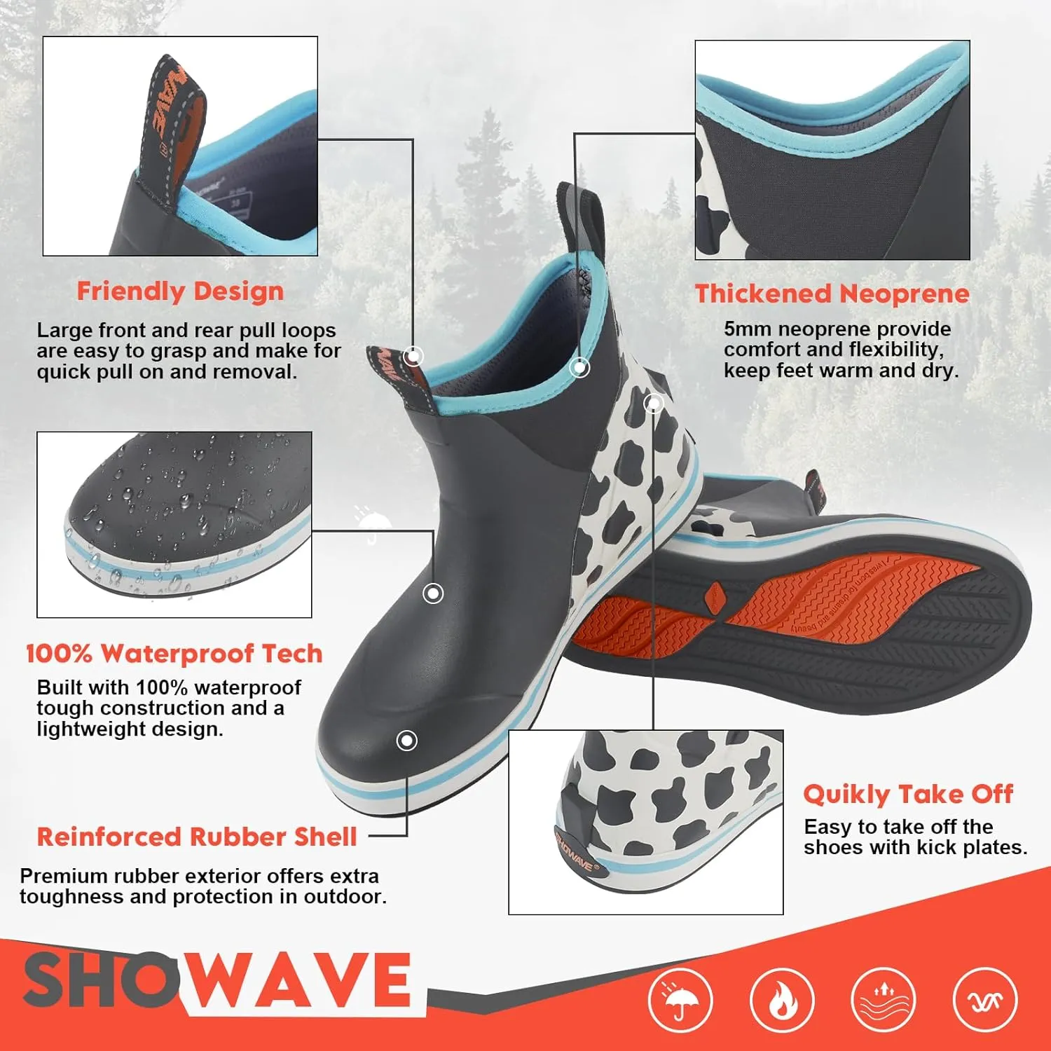 Showave Women's Deck Boots Waterproof Ankle Rain Footwear Non-Slip Rubber Boots for Boating Fishing Gardening Farming