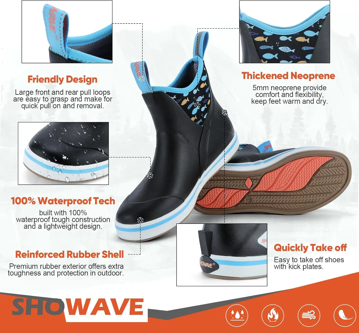 Showave Women's Deck Boots Waterproof Ankle Rain Footwear Non-Slip Rubber Boots for Boating Fishing Gardening Farming