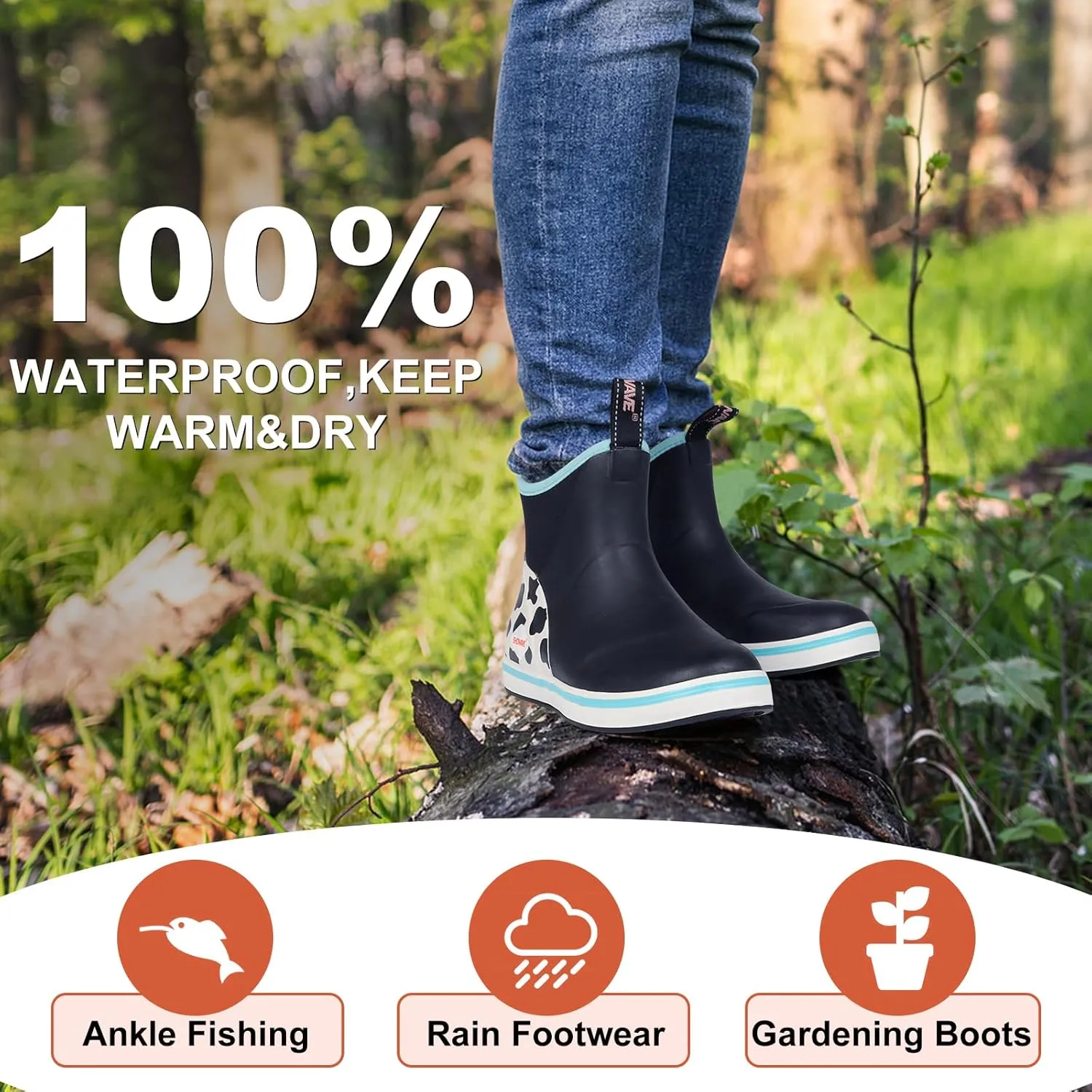 Showave Women's Deck Boots Waterproof Ankle Rain Footwear Non-Slip Rubber Boots for Boating Fishing Gardening Farming
