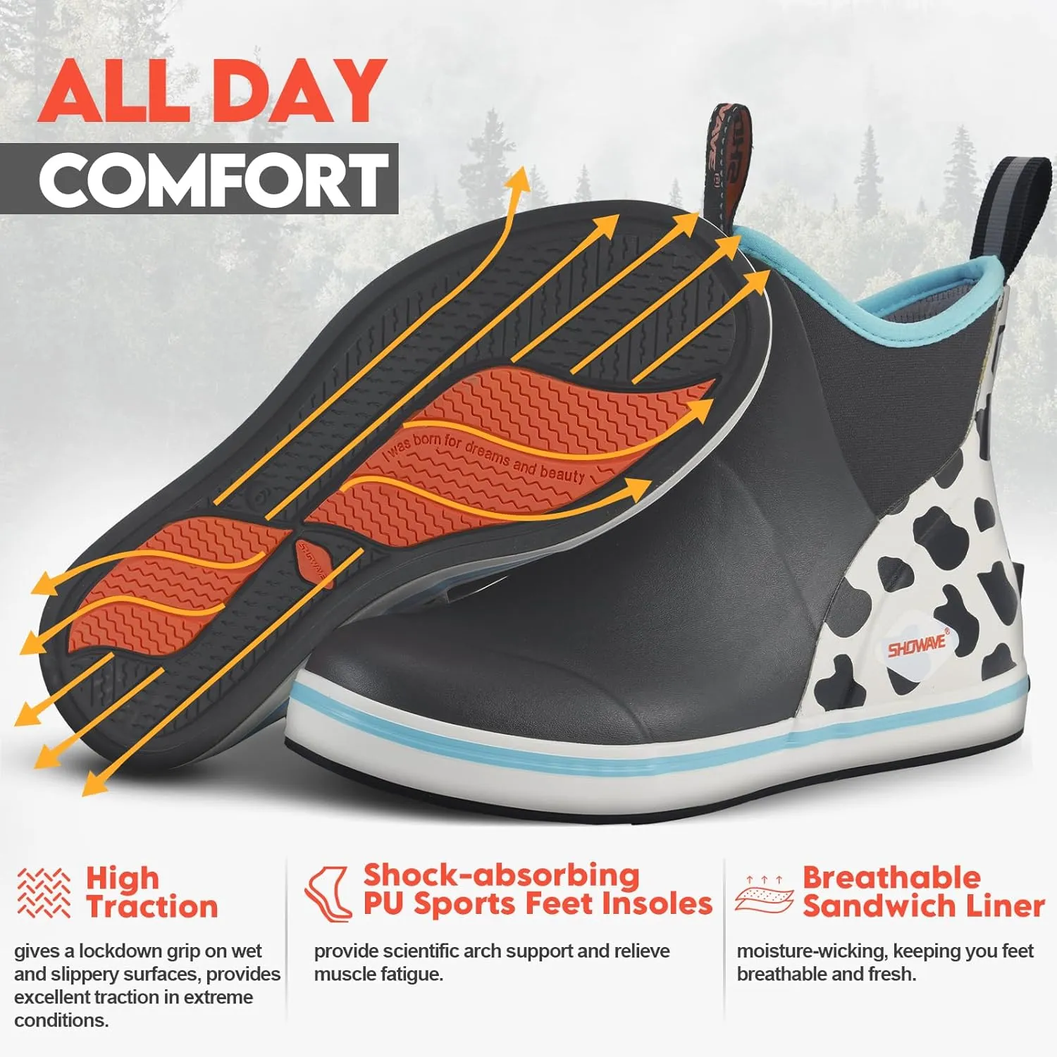 Showave Women's Deck Boots Waterproof Ankle Rain Footwear Non-Slip Rubber Boots for Boating Fishing Gardening Farming