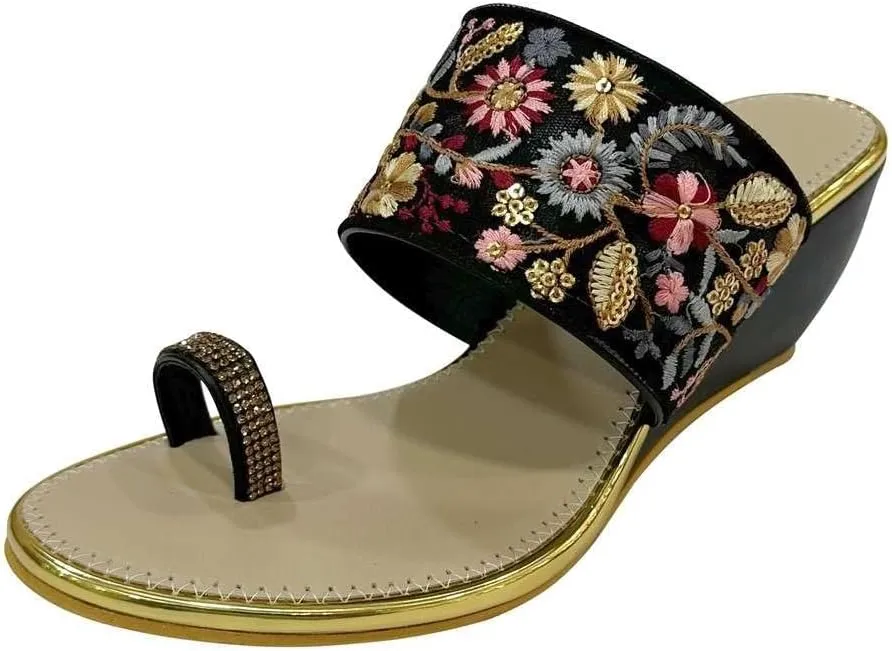 Stop n Style Women's Ethnic Wedge Sandal Ring Toe Slippers Casual Summer Vacation Flip Flop Sandals for Women