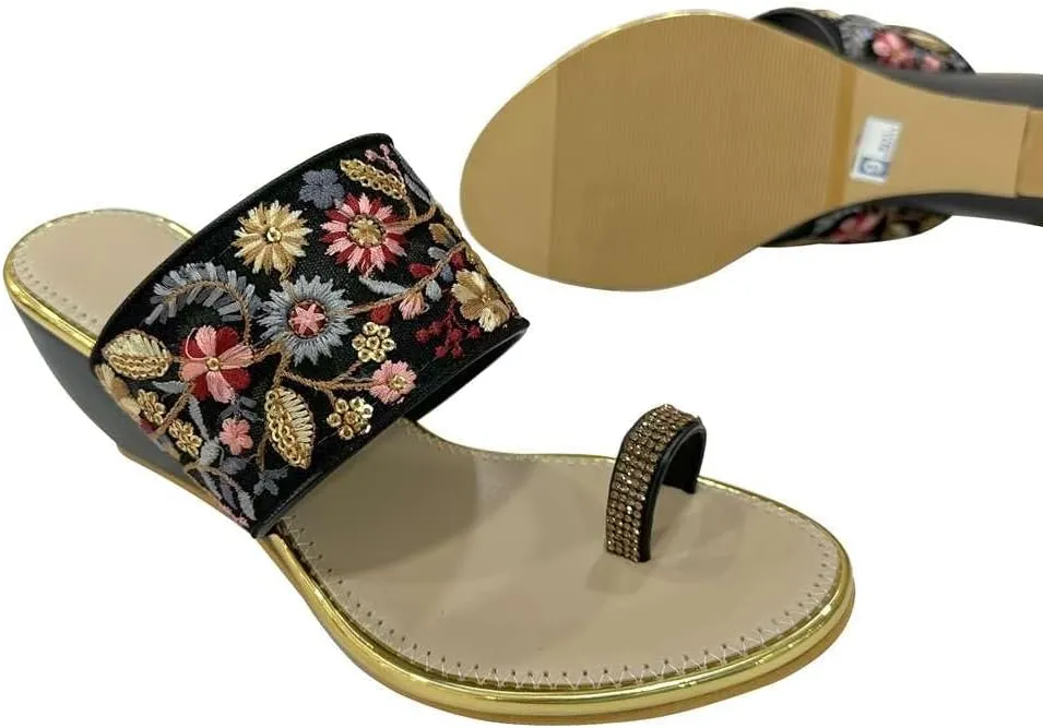 Stop n Style Women's Ethnic Wedge Sandal Ring Toe Slippers Casual Summer Vacation Flip Flop Sandals for Women