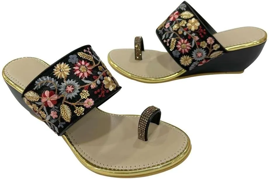 Stop n Style Women's Ethnic Wedge Sandal Ring Toe Slippers Casual Summer Vacation Flip Flop Sandals for Women