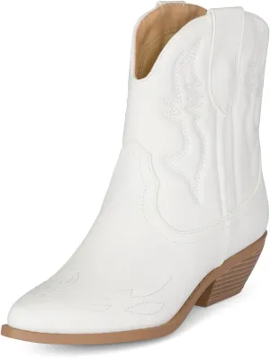 STYLISH S BUCK Women's Western Cowboy Ankle Boots – Pointed Toe, Low Stacked Heel, Slip-On, Stitched Design, Synthetic PU, Comfortable Cowgirl Booties for Western Fashion/Outdoor Wear