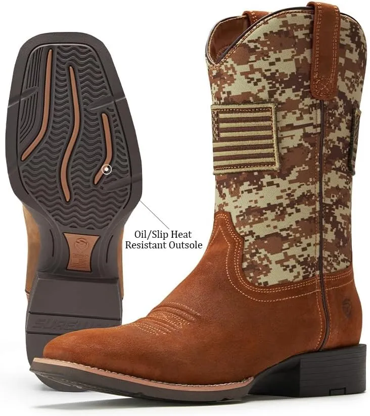 SUREWAY Cowboy Boots For Men - Mens Square Toe Western Boot With Flag,Oil/Slip Resistant,Durable Fashionable Classic Pull on 10 Inch Boots