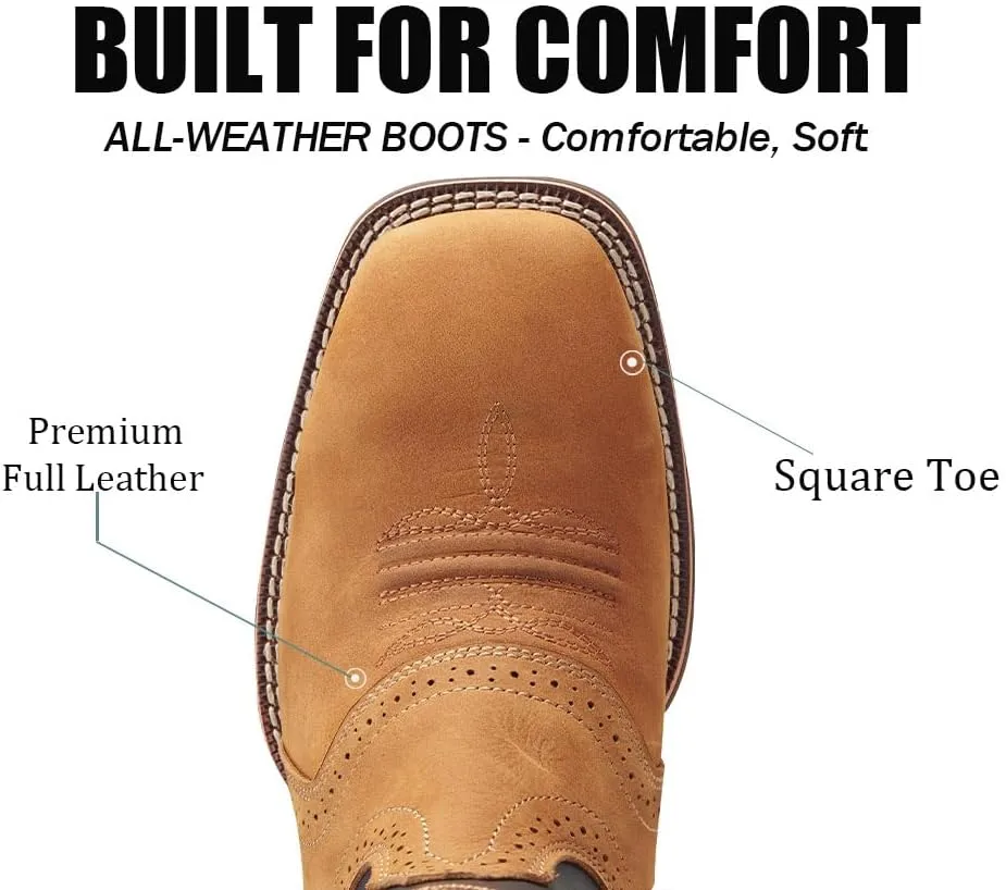 SUREWAY Cowboy Boots For Men - Mens Square Toe Western Boot,Oil/Slip Resistant,Durable Fashionable Classic Pull on 10 Inch Wellington Boots - Soft Toe Work Boots
