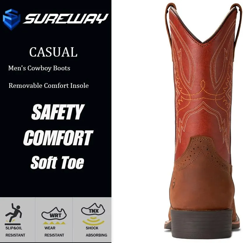 SUREWAY Cowboy Boots For Men - Mens Square Toe Western Boot,Oil/Slip Resistant,Durable Fashionable Classic Pull on 10 Inch Wellington Boots - Soft Toe Work Boots