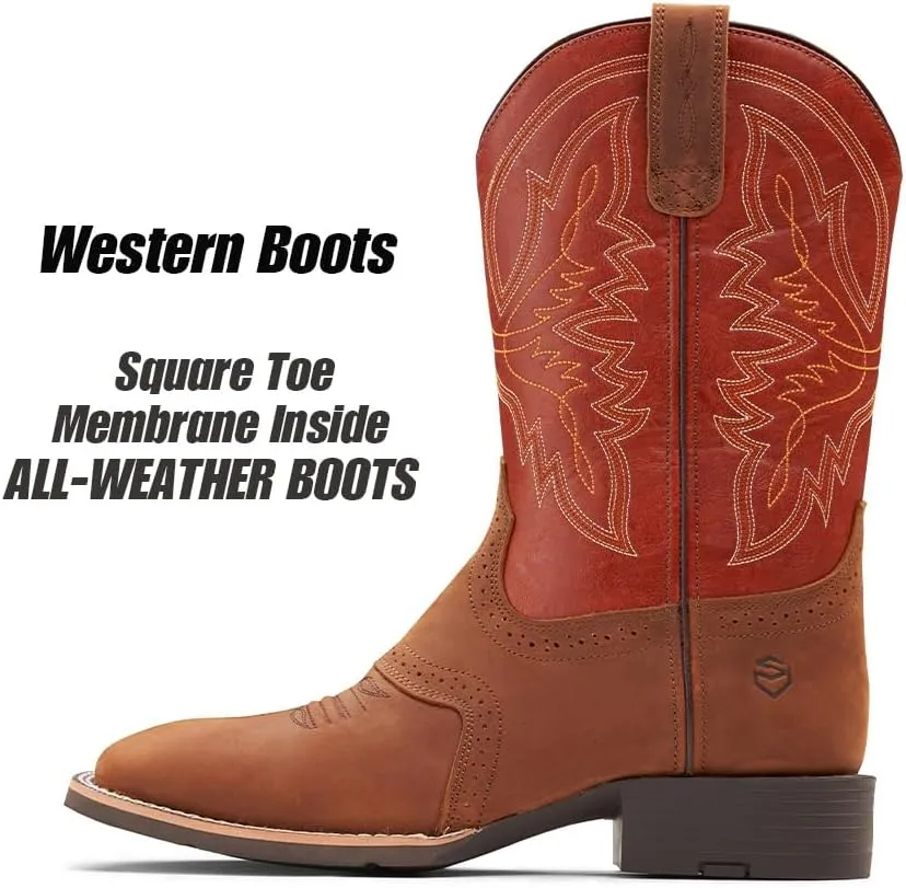 SUREWAY Cowboy Boots For Men - Mens Square Toe Western Boot,Oil/Slip Resistant,Durable Fashionable Classic Pull on 10 Inch Wellington Boots - Soft Toe Work Boots