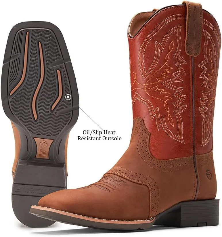 SUREWAY Cowboy Boots For Men - Mens Square Toe Western Boot,Oil/Slip Resistant,Durable Fashionable Classic Pull on 10 Inch Wellington Boots - Soft Toe Work Boots