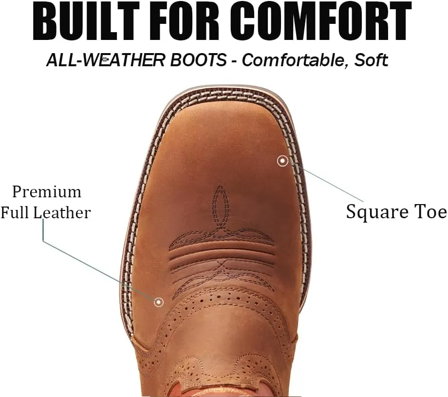 SUREWAY Cowboy Boots For Men - Mens Square Toe Western Boot,Oil/Slip Resistant,Durable Fashionable Classic Pull on 10 Inch Wellington Boots - Soft Toe Work Boots