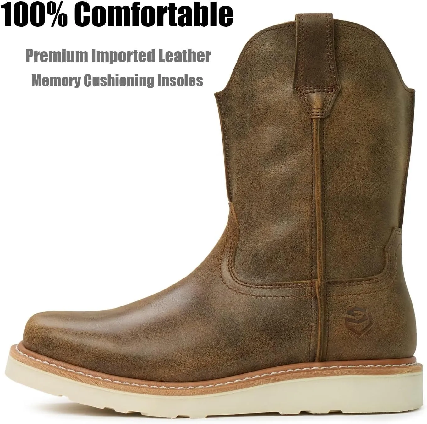 SUREWAY Men's Western Boots - Square-Toe Work Boots for Men,Pull-On Wellington Boots,Extremely Comfortable Durable Proved,Soft Toe Cowboy Boot,Superior Oil/Slip Resistant,Thicker Imported Leather