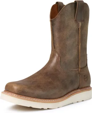 SUREWAY Men's Western Boots - Square-Toe Work Boots for Men,Pull-On Wellington Boots,Extremely Comfortable Durable Proved,Soft Toe Cowboy Boot,Superior Oil/Slip Resistant,Thicker Imported Leather