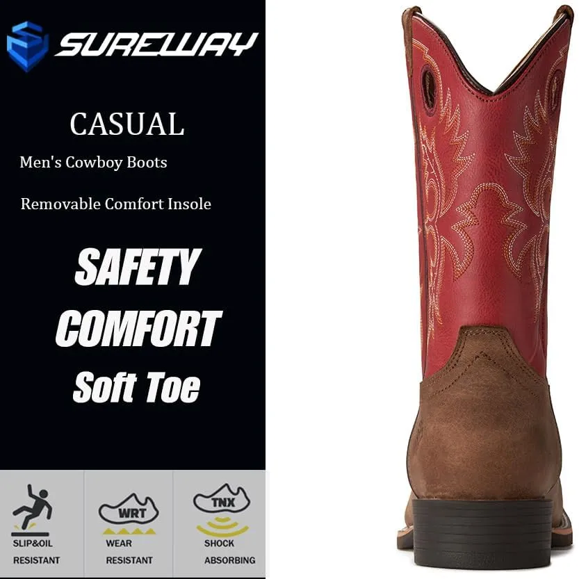 SUREWAY Western Boots For Men - Mens Square Toe Cowboy Boot,Oil/Slip Resistant,Durable Fashionable Classic Pull on 10 Inch Boots Mid Calf Wellington Boots