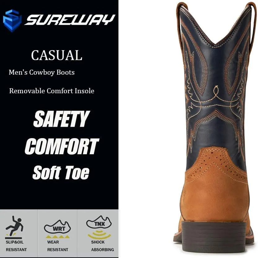 SUREWAY Western Boots For Men - Mens Square Toe Cowboy Boot,Oil/Slip Resistant,Durable Fashionable Classic Pull on 10 Inch Wellington Boots - Soft Toe Work Boots
