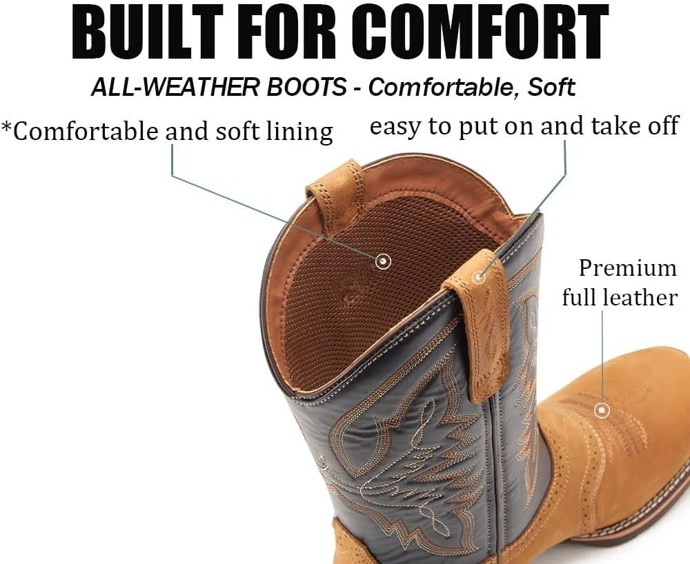 SUREWAY Western Boots For Men - Mens Square Toe Cowboy Boot,Oil/Slip Resistant,Durable Fashionable Classic Pull on 10 Inch Wellington Boots - Soft Toe Work Boots