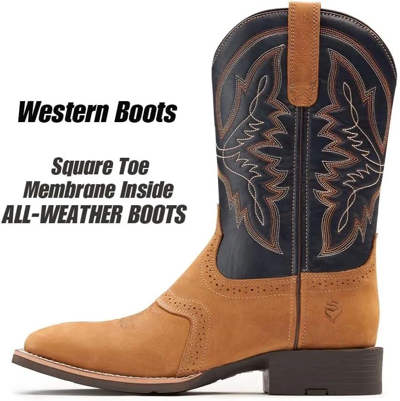 SUREWAY Western Boots For Men - Mens Square Toe Cowboy Boot,Oil/Slip Resistant,Durable Fashionable Classic Pull on 10 Inch Wellington Boots - Soft Toe Work Boots