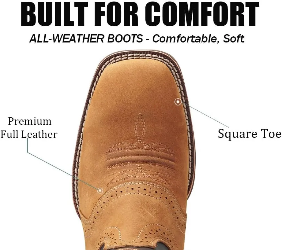 SUREWAY Western Boots For Men - Mens Square Toe Cowboy Boot,Oil/Slip Resistant,Durable Fashionable Classic Pull on 10 Inch Wellington Boots - Soft Toe Work Boots