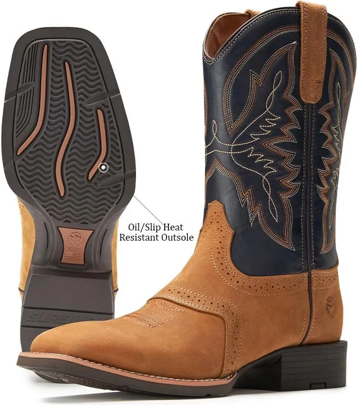 SUREWAY Western Boots For Men - Mens Square Toe Cowboy Boot,Oil/Slip Resistant,Durable Fashionable Classic Pull on 10 Inch Wellington Boots - Soft Toe Work Boots