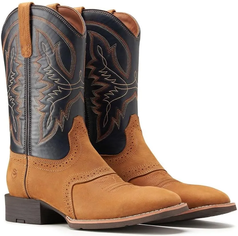SUREWAY Western Boots For Men - Mens Square Toe Cowboy Boot,Oil/Slip Resistant,Durable Fashionable Classic Pull on 10 Inch Wellington Boots - Soft Toe Work Boots