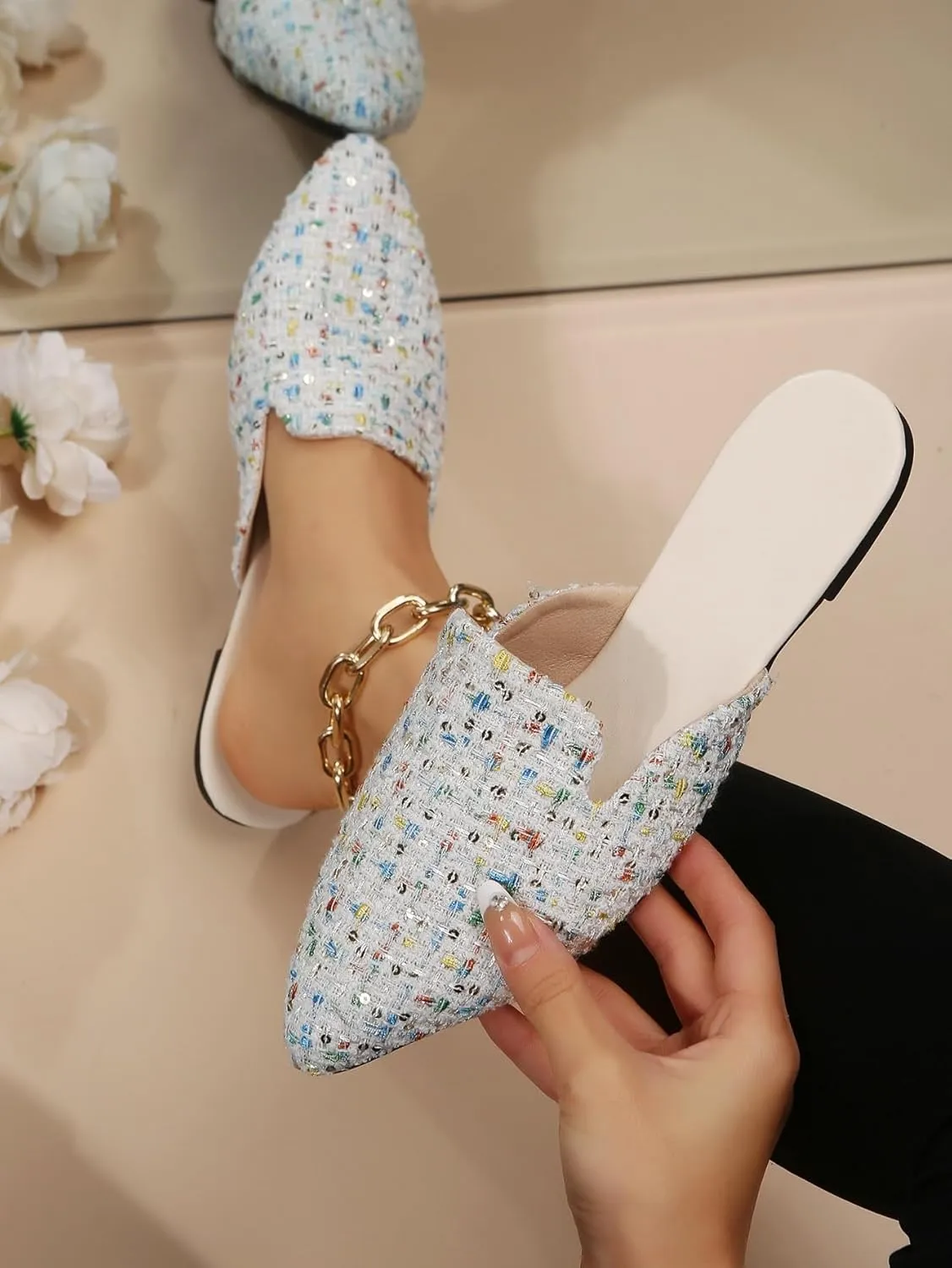 SweatyRocks Women's Sequins Color Block Mules Flats Pointed Toe Backless Loafers Slip on Shoes