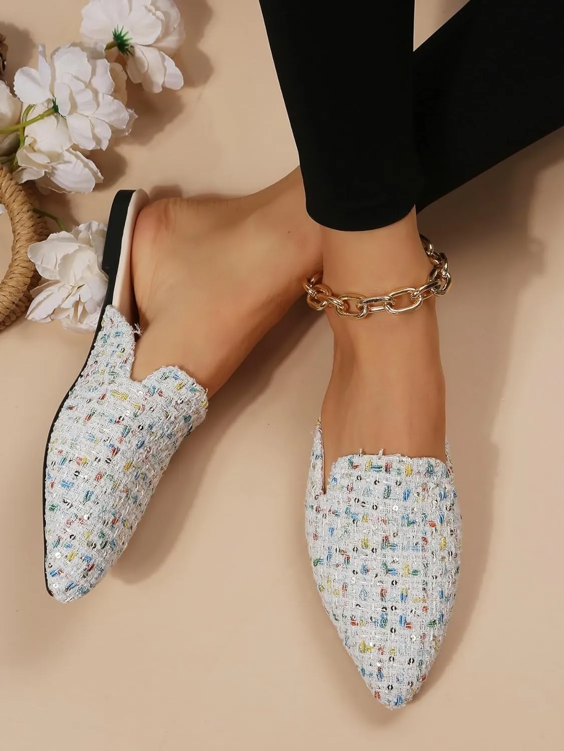 SweatyRocks Women's Sequins Color Block Mules Flats Pointed Toe Backless Loafers Slip on Shoes