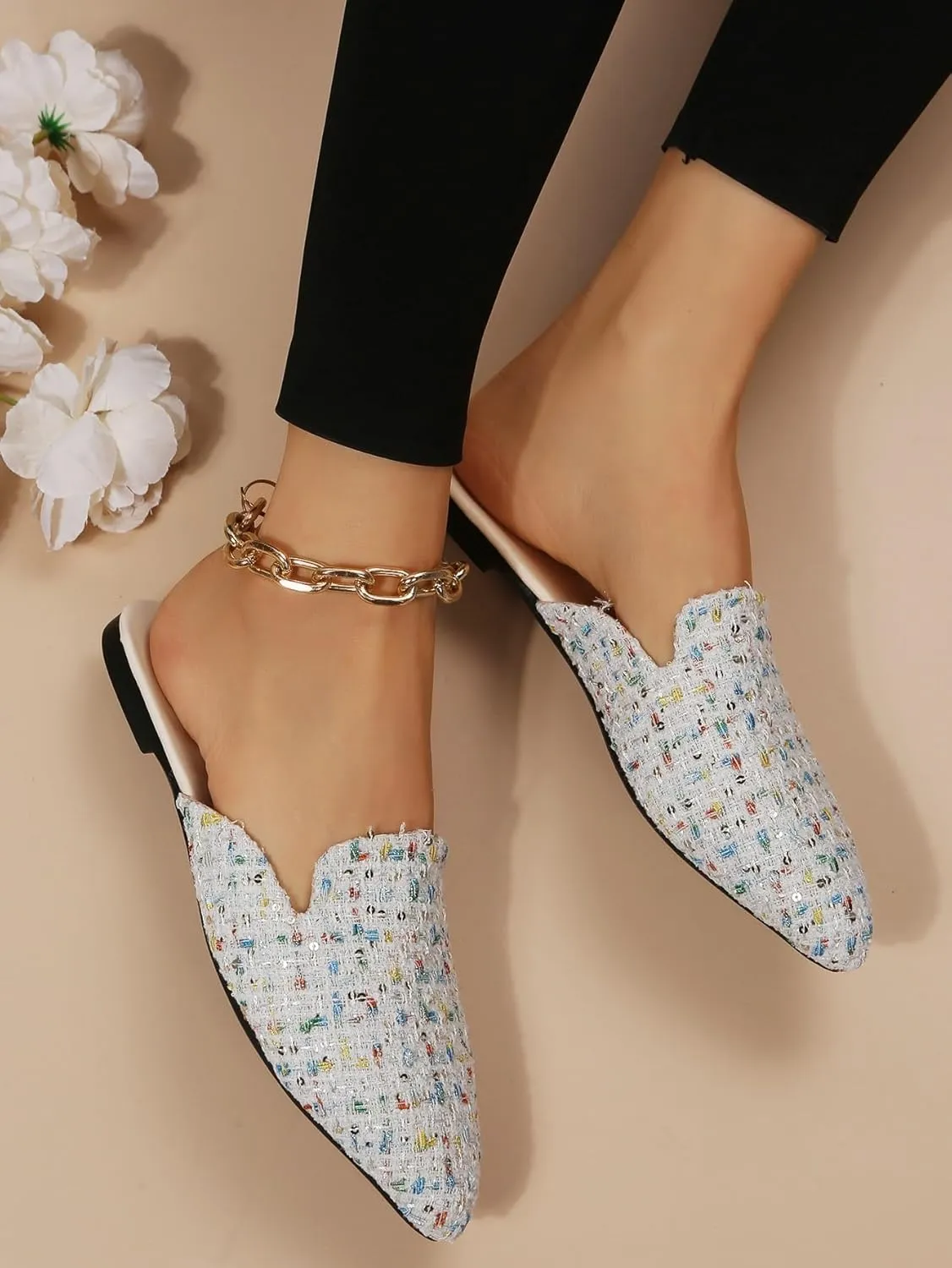 SweatyRocks Women's Sequins Color Block Mules Flats Pointed Toe Backless Loafers Slip on Shoes