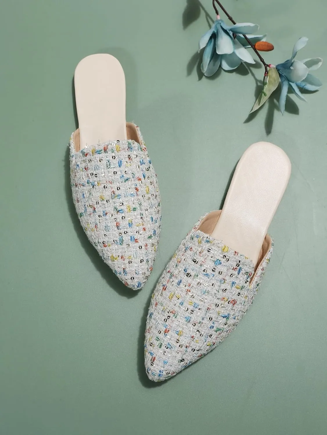 SweatyRocks Women's Sequins Color Block Mules Flats Pointed Toe Backless Loafers Slip on Shoes