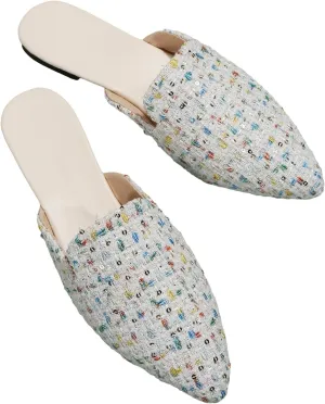 SweatyRocks Women's Sequins Color Block Mules Flats Pointed Toe Backless Loafers Slip on Shoes