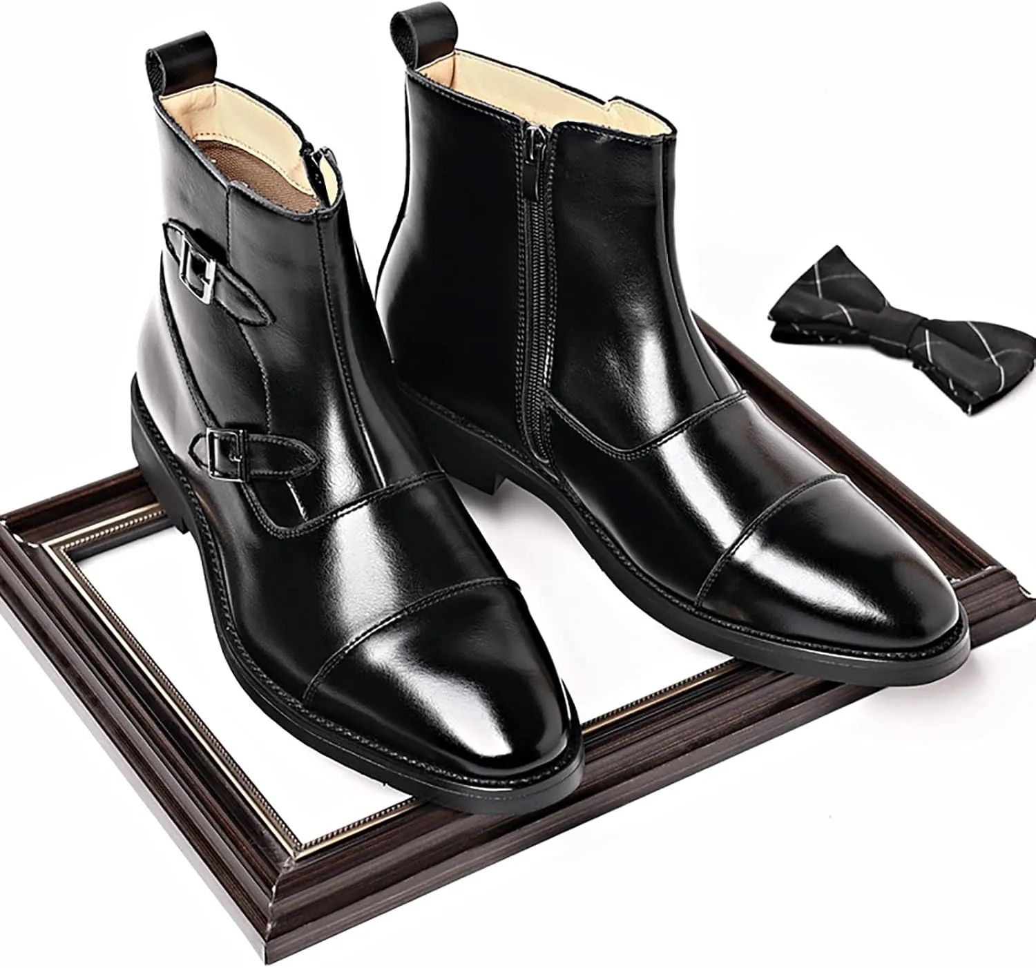 SYNTHESIS Men's Cap Toe Brogues Chelsea Boots with Side Zipper,High or Mid Top Slip On Black Ankle Boot for Men