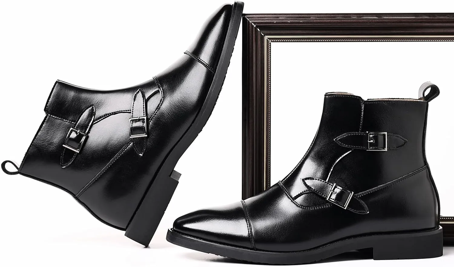 SYNTHESIS Men's Cap Toe Brogues Chelsea Boots with Side Zipper,High or Mid Top Slip On Black Ankle Boot for Men