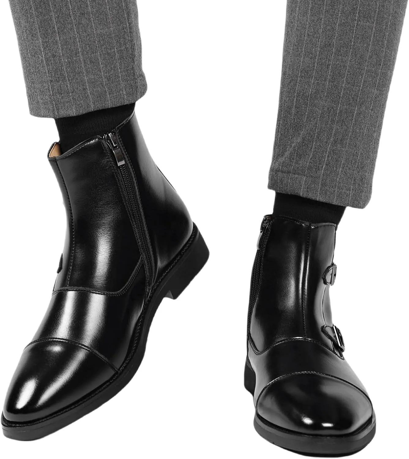 SYNTHESIS Men's Cap Toe Brogues Chelsea Boots with Side Zipper,High or Mid Top Slip On Black Ankle Boot for Men