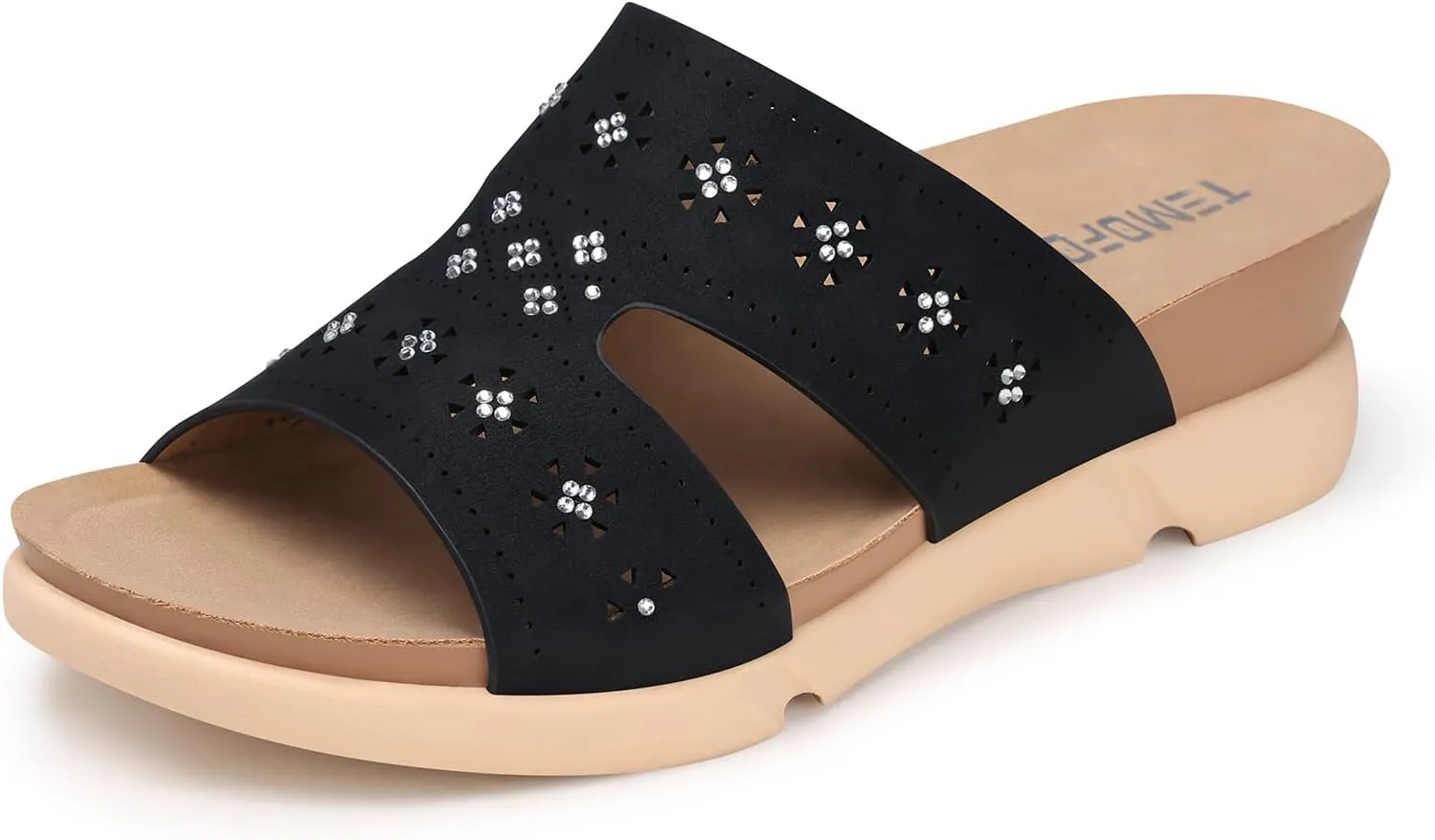 TEMOFON Wedge Sandals for Women Dressy: Summer Hollow Out Flowers with Rhinestone - Womens Comfortable Low Wedges Walking Platform Sandal