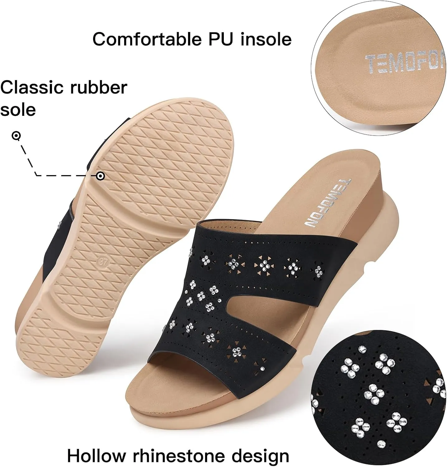 TEMOFON Wedge Sandals for Women Dressy: Summer Hollow Out Flowers with Rhinestone - Womens Comfortable Low Wedges Walking Platform Sandal