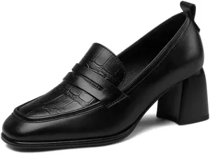 TinaCus Women's Genuine Leather Handmade Printed Square Toe Mid Chunky Heel Slip On Loafers Pumps Shoes