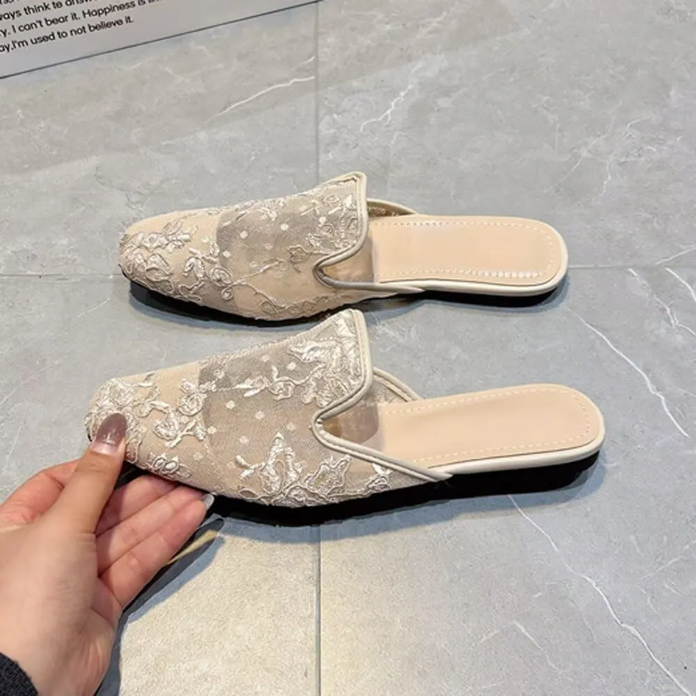 TN TANGNEST Women's Flat Mules Comfortable Rhinestone Bow Square Toe Slip on Loafers Slides Backless Mules Shoes