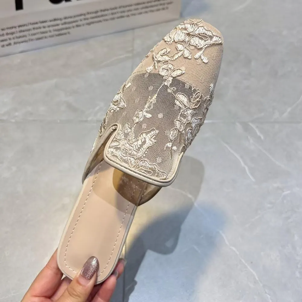 TN TANGNEST Women's Flat Mules Comfortable Rhinestone Bow Square Toe Slip on Loafers Slides Backless Mules Shoes