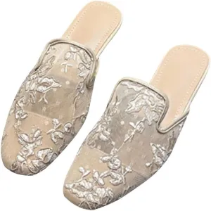 TN TANGNEST Women's Flat Mules Comfortable Rhinestone Bow Square Toe Slip on Loafers Slides Backless Mules Shoes
