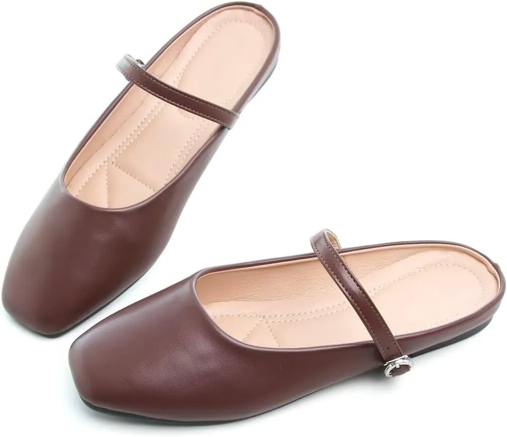 TN TANGNEST Women's Mary Jane Shoes Mules for Women Flats Retro One Line Strap Flats Cute Square Toe Backless Flat Mules