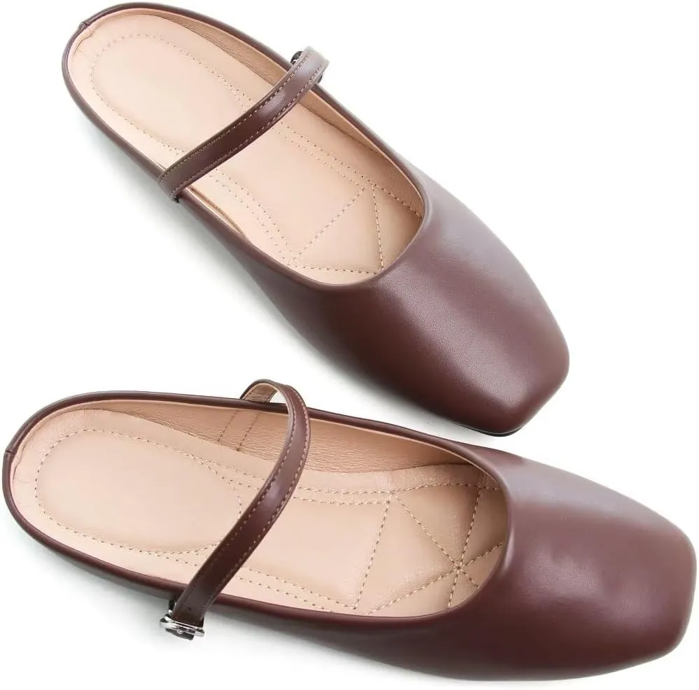 TN TANGNEST Women's Mary Jane Shoes Mules for Women Flats Retro One Line Strap Flats Cute Square Toe Backless Flat Mules