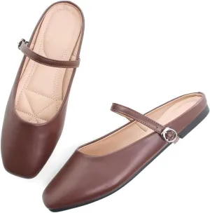 TN TANGNEST Women's Mary Jane Shoes Mules for Women Flats Retro One Line Strap Flats Cute Square Toe Backless Flat Mules